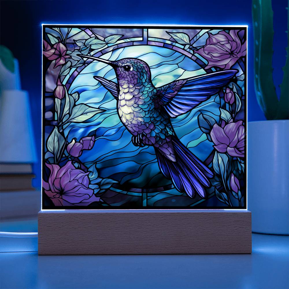 Hummingbird Faux Stained Glass Square Acrylic Plaque