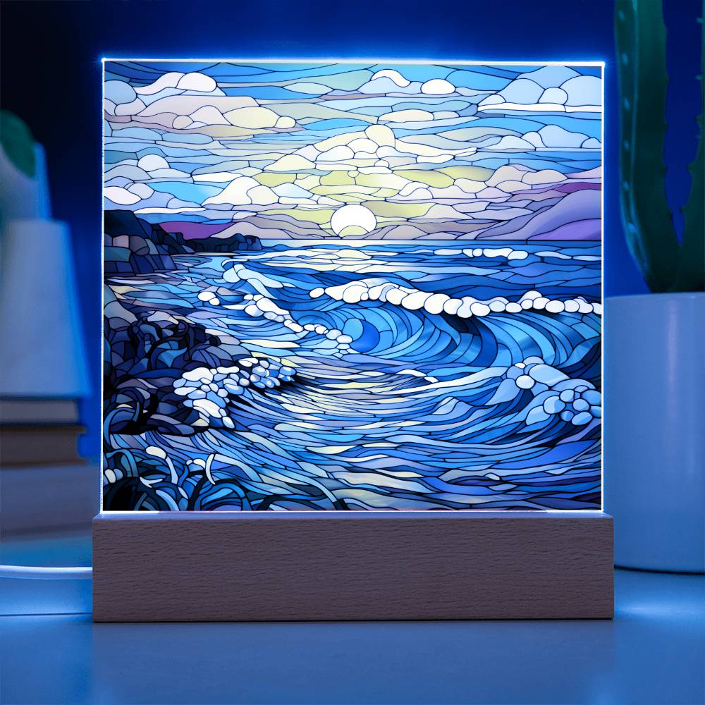 Sunset Waves on the Beach Stained Glass Sublimation Square Acrylic Plaque