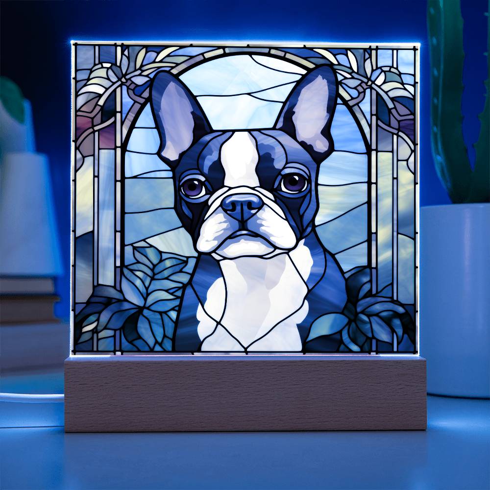 Grey Boston Terrier Dog Acrylic  Square Plaque, Pet Memorial