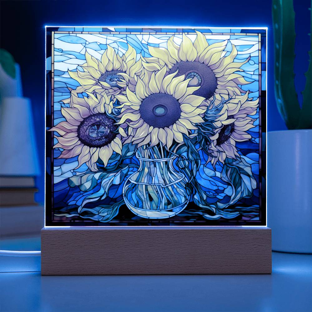 Sunflowers in Vase Faux Stained Glass Square Acrylic Plaque