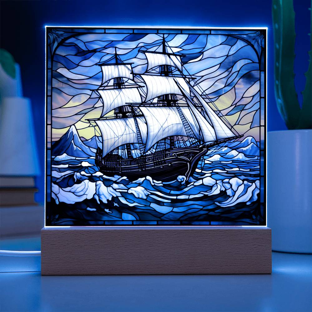 Sailing Ship Schooner Faux Stained Glass Square Acrylic Plaque