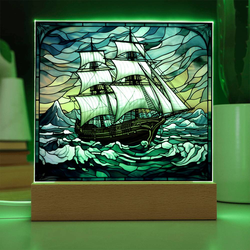 Sailing Ship Schooner Faux Stained Glass Square Acrylic Plaque