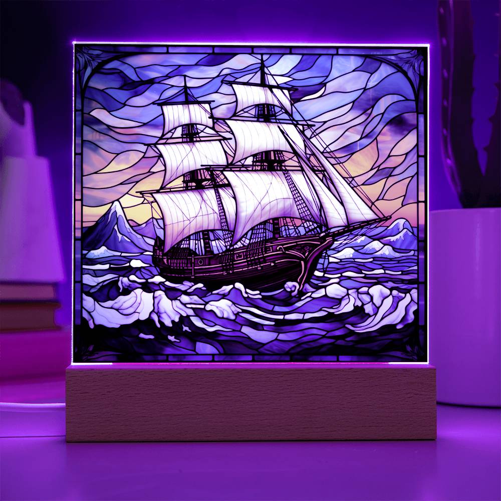 Sailing Ship Schooner Faux Stained Glass Square Acrylic Plaque