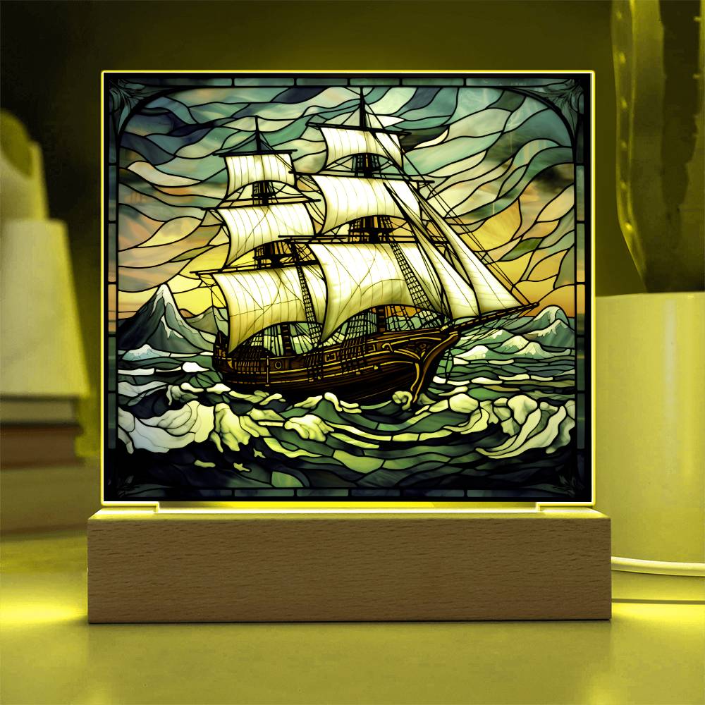 Sailing Ship Schooner Faux Stained Glass Square Acrylic Plaque