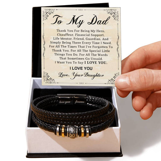 To Dad From Daughter Leather "LOVE YOU FOREVER" Bracelet