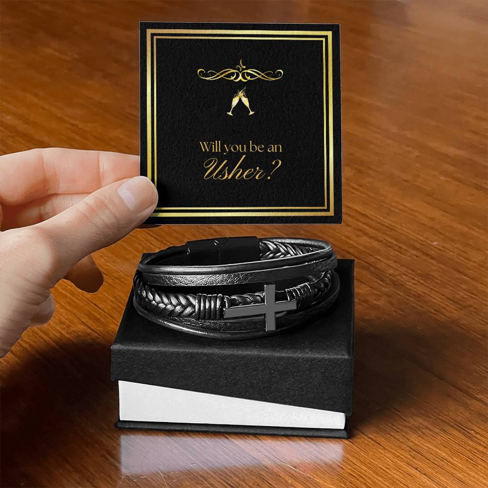 Will You Be an Usher Leather Cross Bracelet for Groomsman