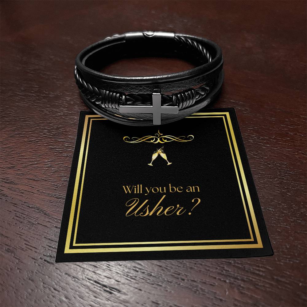 Will You Be an Usher Leather Cross Bracelet for Groomsman