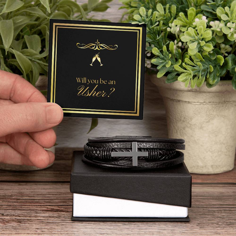 Will You Be an Usher Leather Cross Bracelet for Groomsman