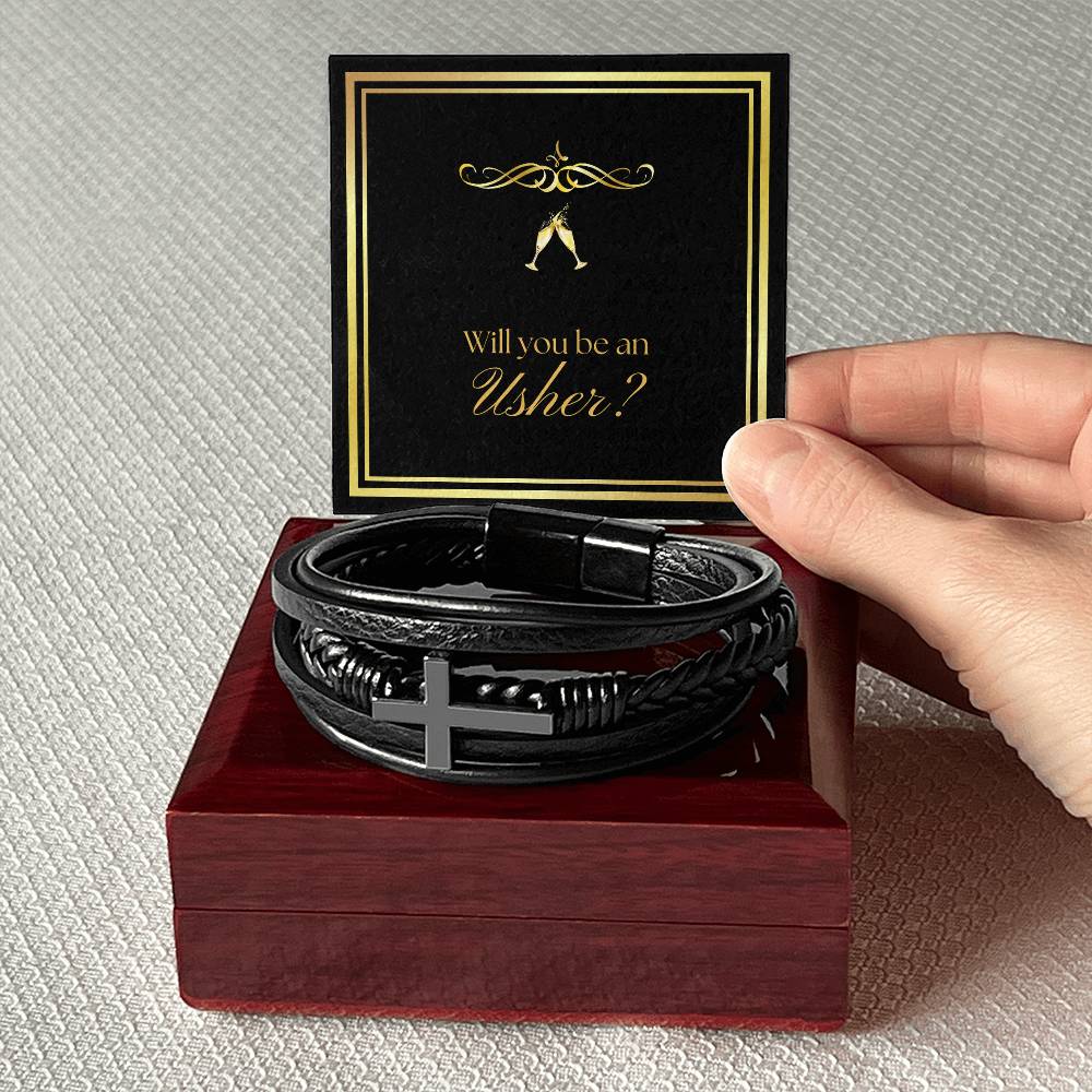 Will You Be an Usher Leather Cross Bracelet for Groomsman