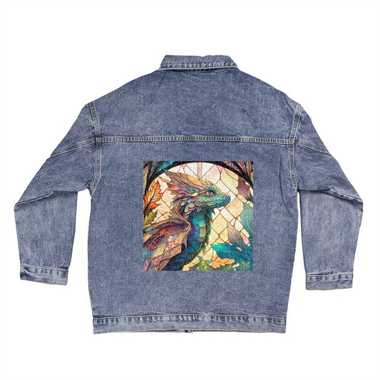 Faux Stained Glass Dragon Denim Jacket