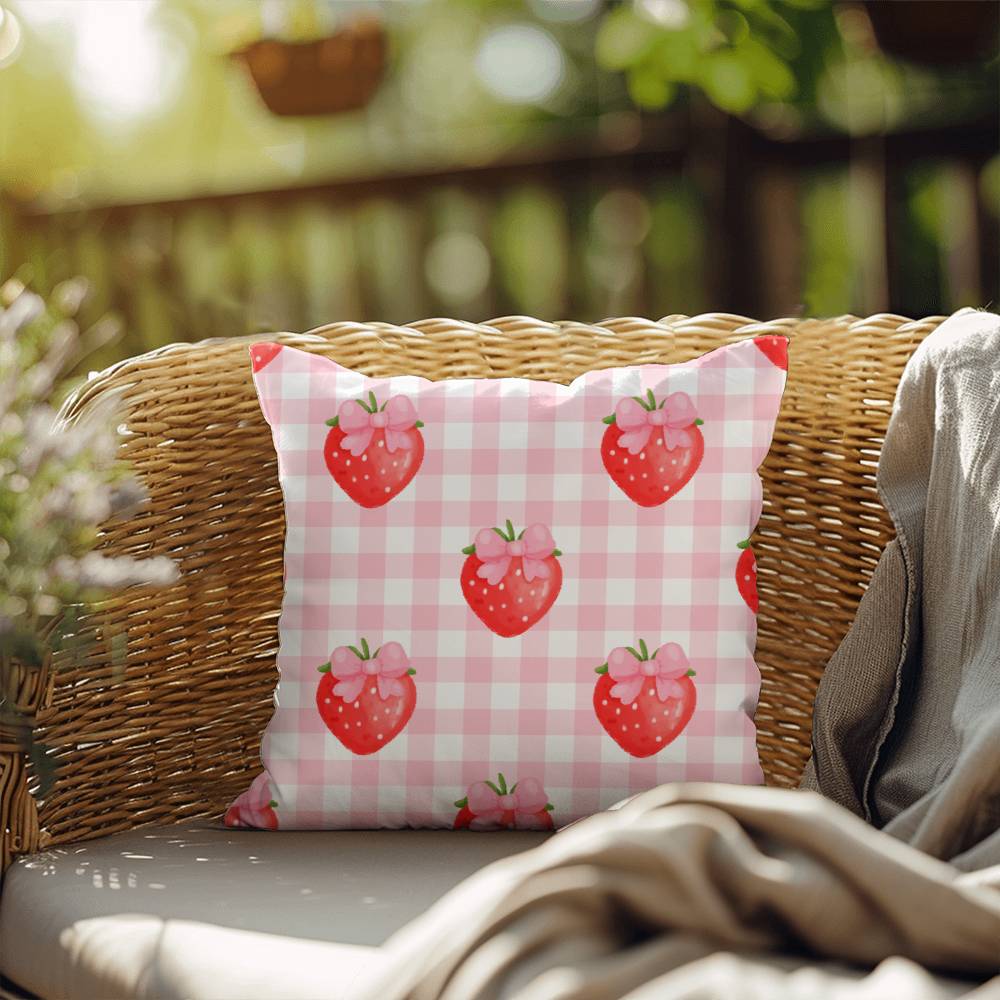 Strawberry Gingham Coquette Throw Pillow