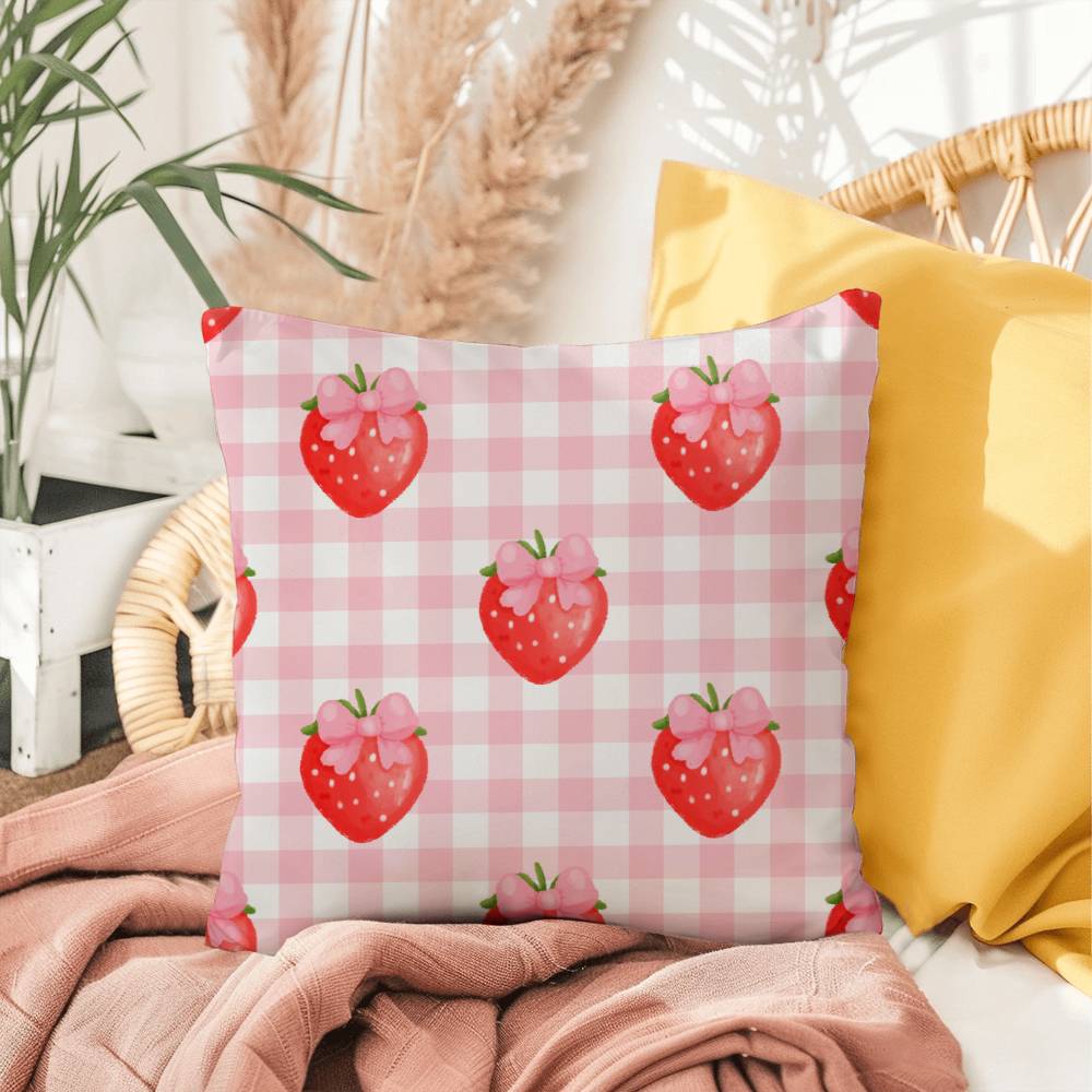 Strawberry Gingham Coquette Throw Pillow