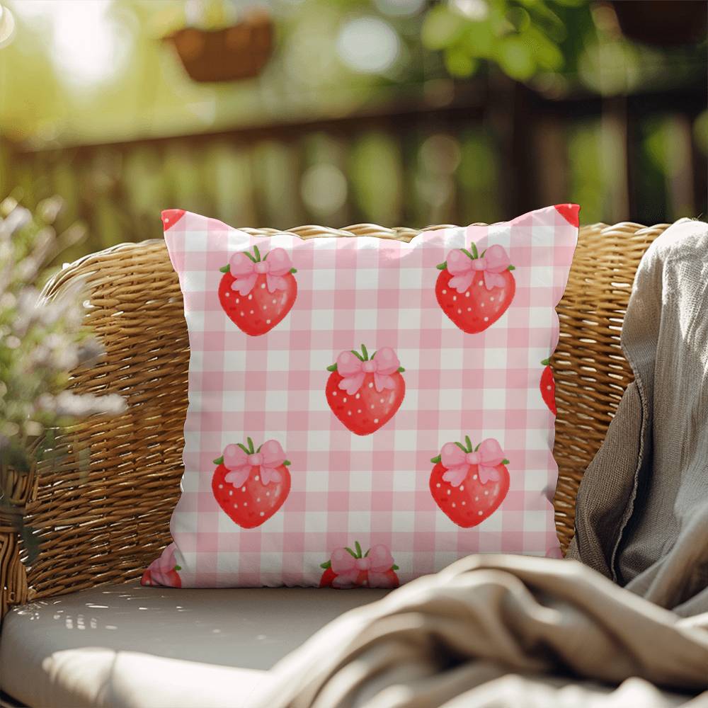 Strawberry Gingham Coquette Throw Pillow