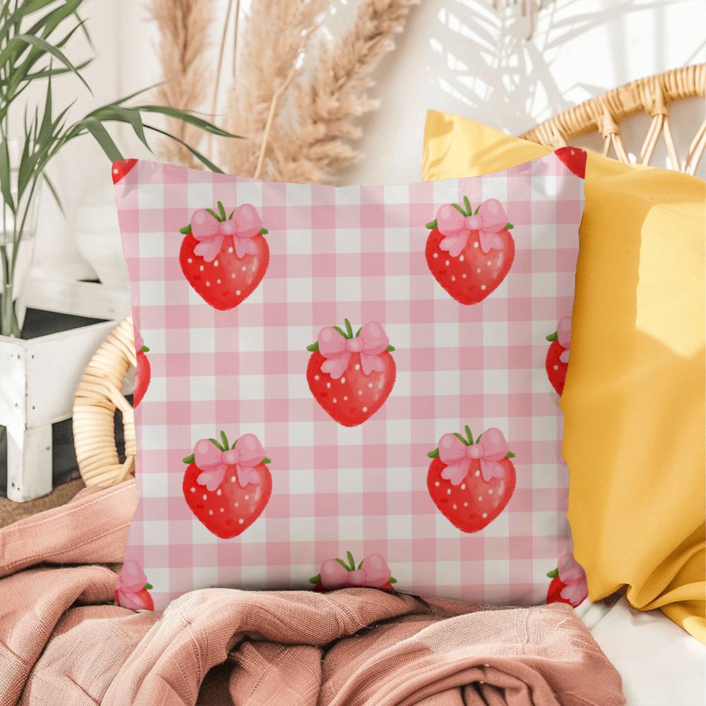 Strawberry Gingham Coquette Throw Pillow