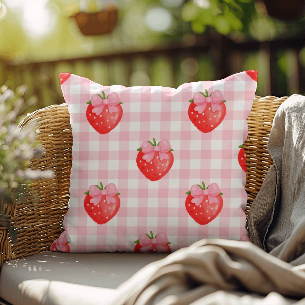 Strawberry Gingham Coquette Throw Pillow