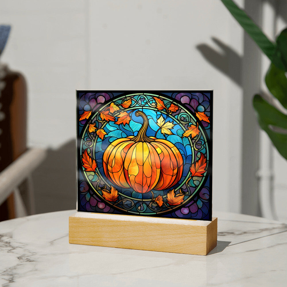 Fall Pumpkin Faux Stained Glass Square Acrylic Plaque