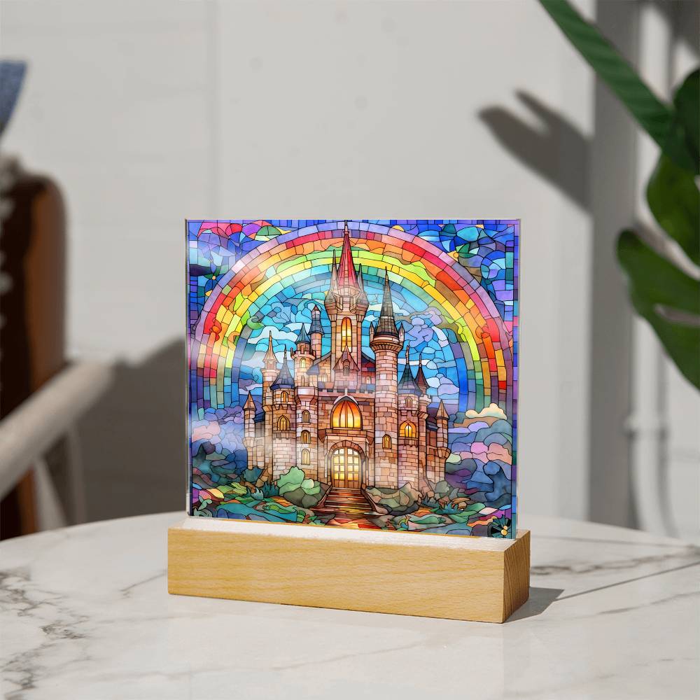 Rainbow Castle Faux Stained Glass Square Acrylic Plaque