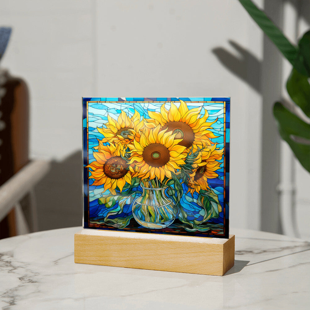 Sunflowers in Vase Faux Stained Glass Square Acrylic Plaque