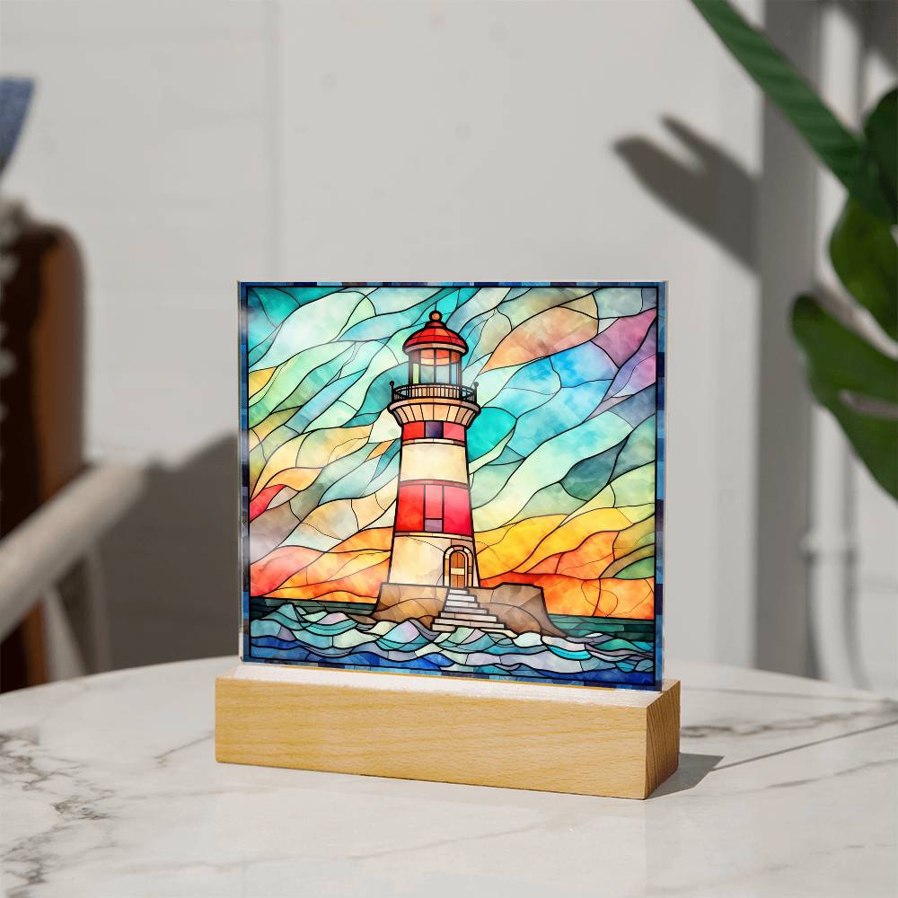 Lighthouse Sublimation Stained Glass Square Acrylic Plaque