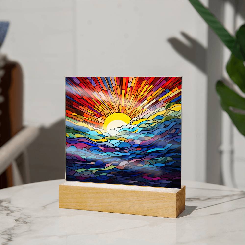 Ocean Sunrise Faux Stained Glass Square Acrylic Plaque