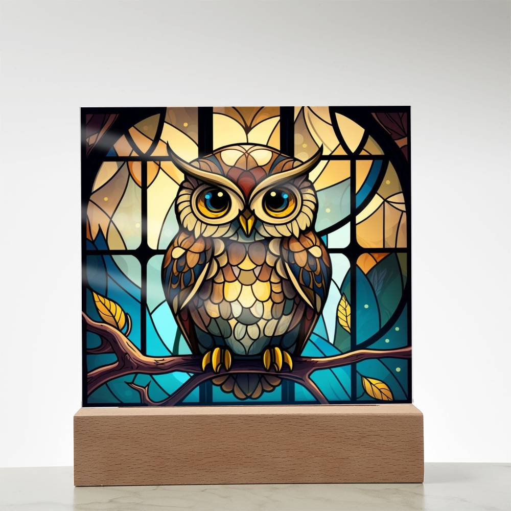 Owl Faux Stained Glass Square Acrylic Plaque