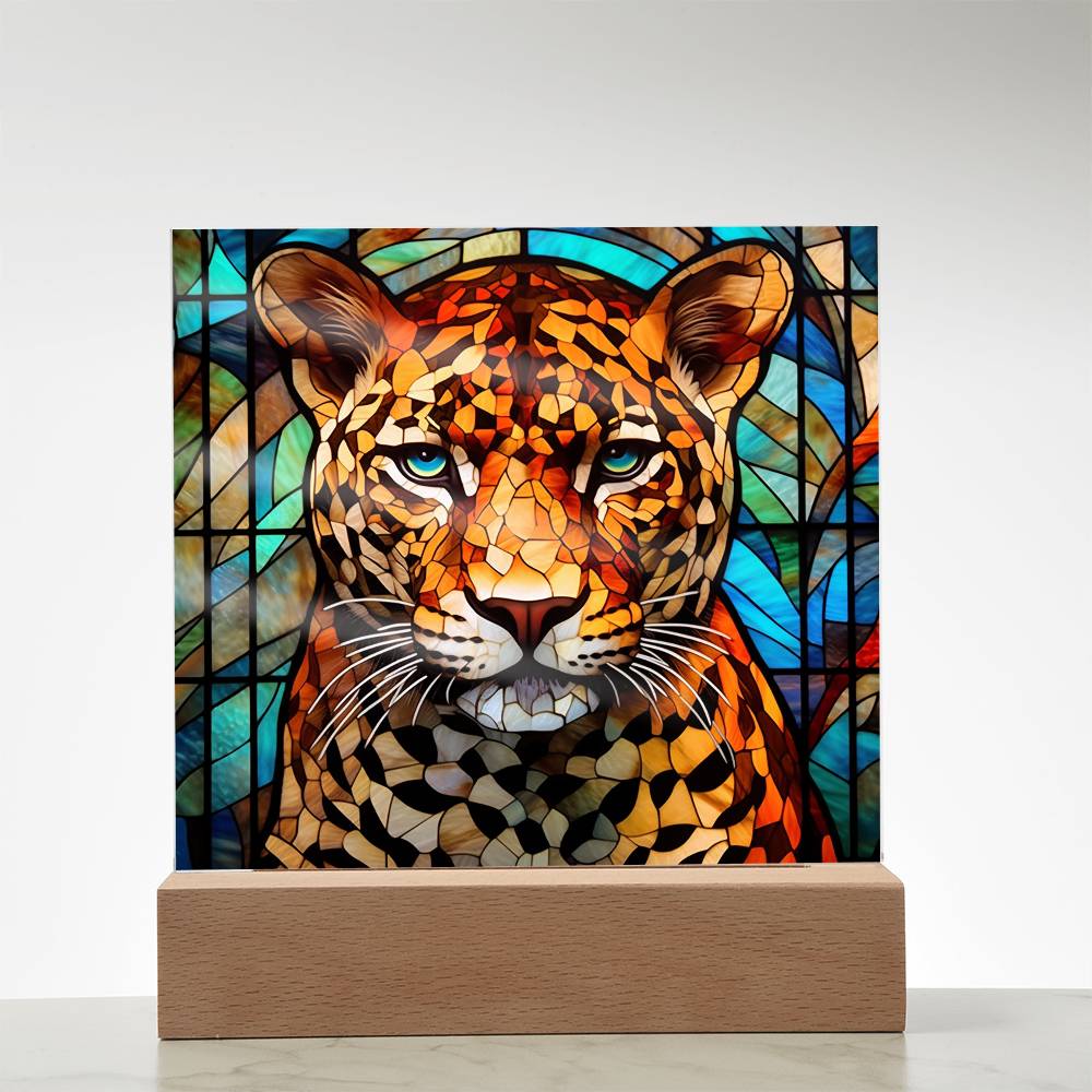 Leopard Faux Stained Glass Square Acrylic Plaque