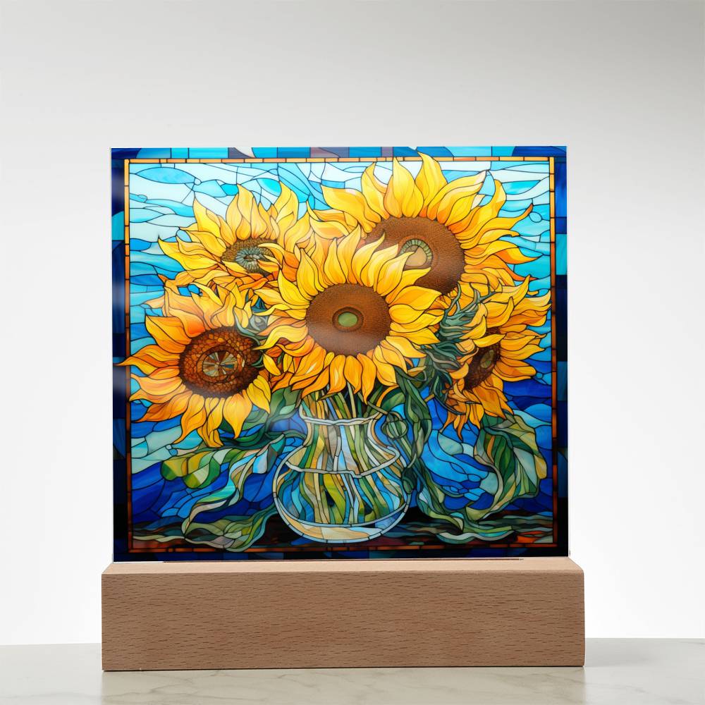 Sunflowers in Vase Faux Stained Glass Square Acrylic Plaque