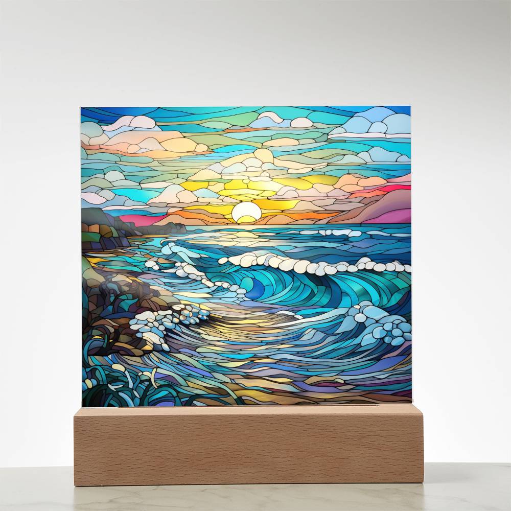 Sunset Waves on the Beach Stained Glass Sublimation Square Acrylic Plaque