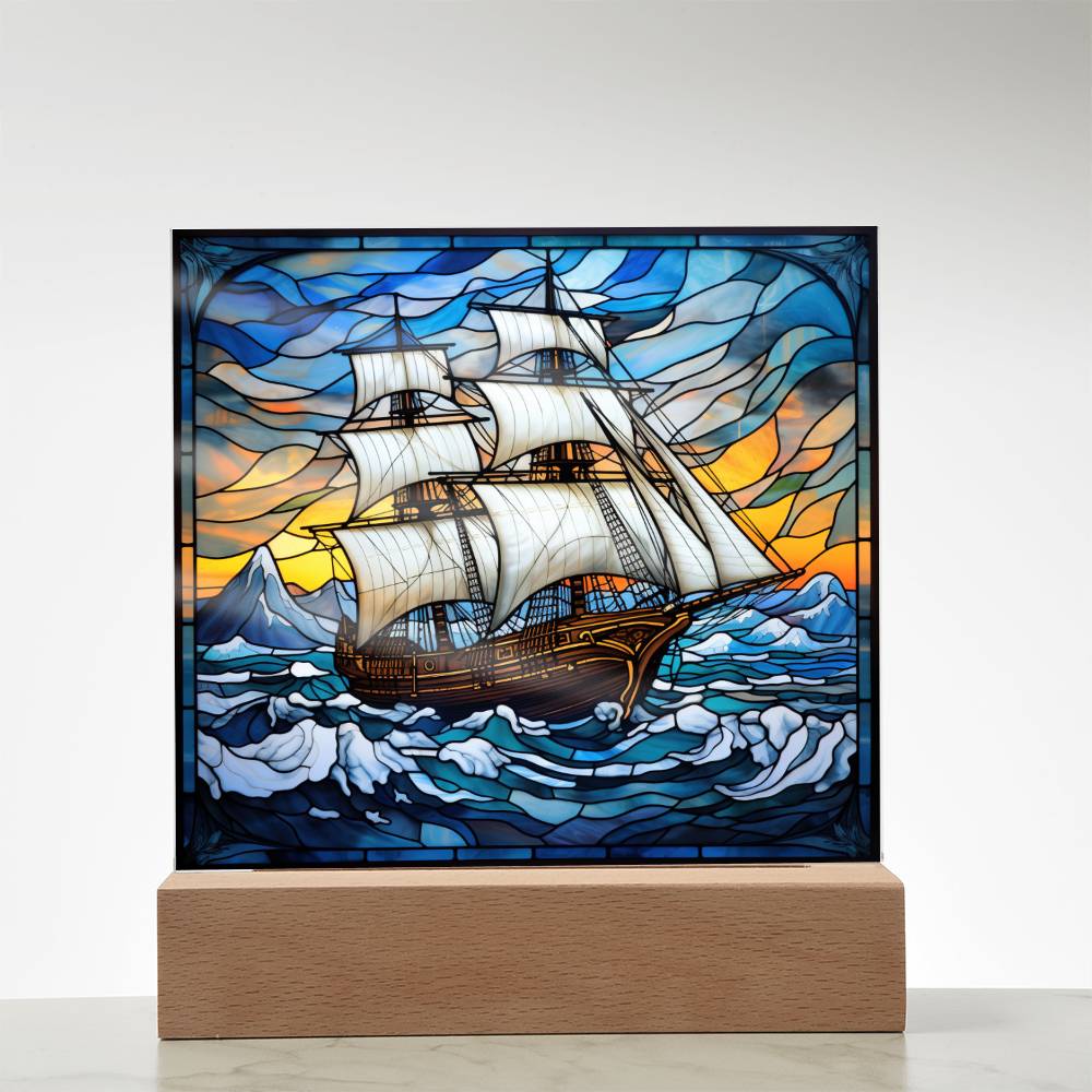 Sailing Ship Schooner Faux Stained Glass Square Acrylic Plaque