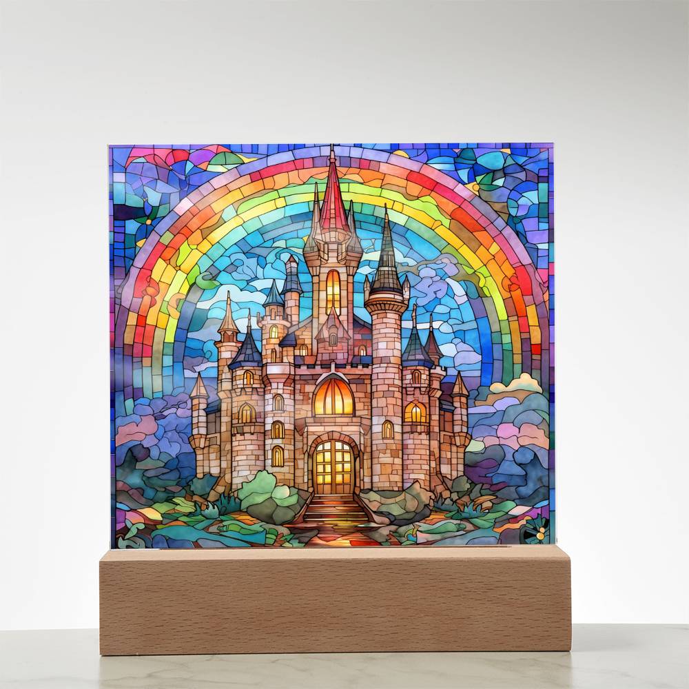 Rainbow Castle Faux Stained Glass Square Acrylic Plaque