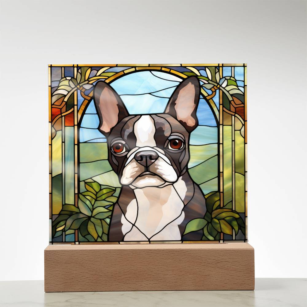 Grey Boston Terrier Dog Acrylic  Square Plaque, Pet Memorial