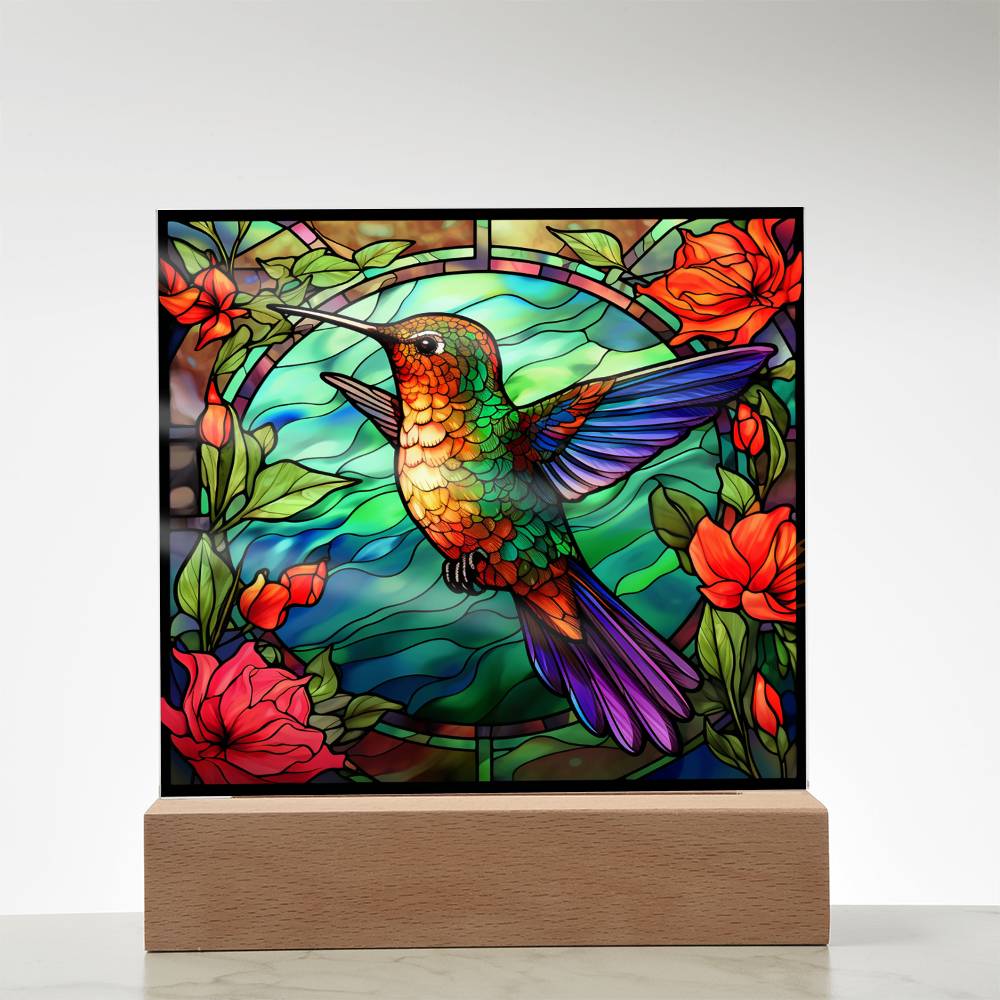 Hummingbird Faux Stained Glass Square Acrylic Plaque