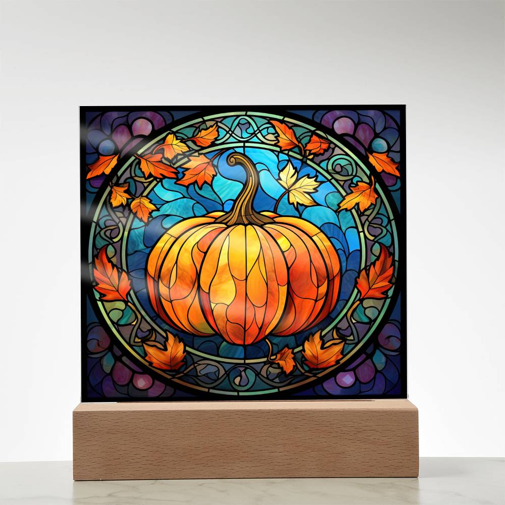 Fall Pumpkin Faux Stained Glass Square Acrylic Plaque