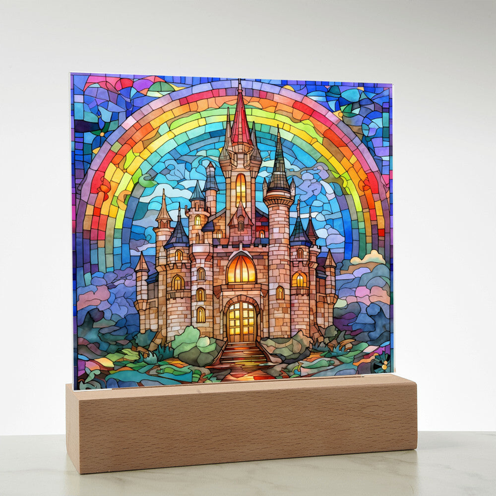 Rainbow Castle Faux Stained Glass Square Acrylic Plaque