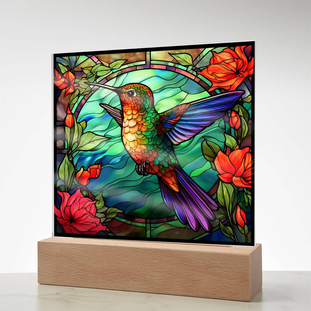 Hummingbird Faux Stained Glass Square Acrylic Plaque