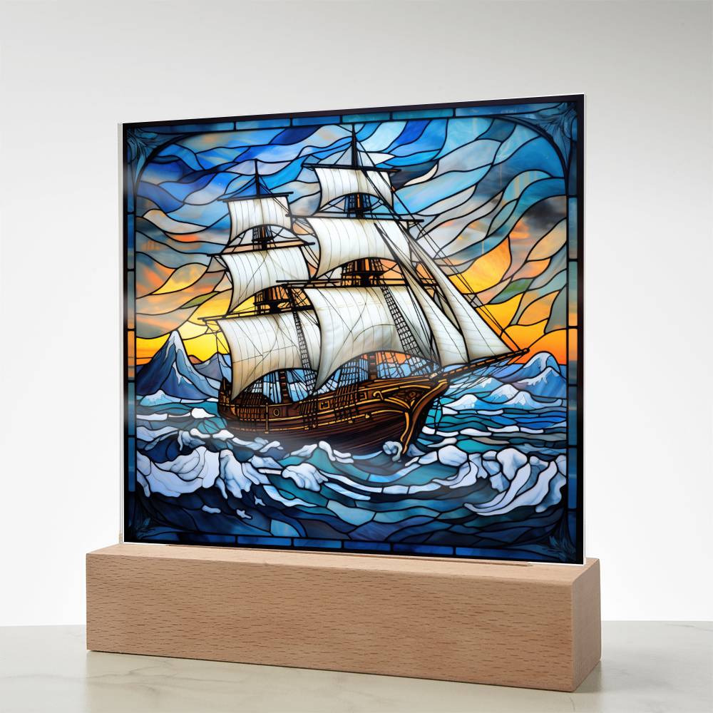 Sailing Ship Schooner Faux Stained Glass Square Acrylic Plaque