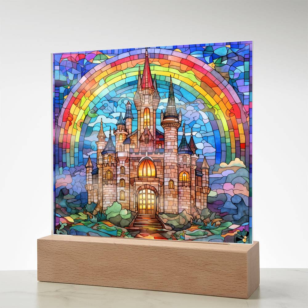 Rainbow Castle Faux Stained Glass Square Acrylic Plaque