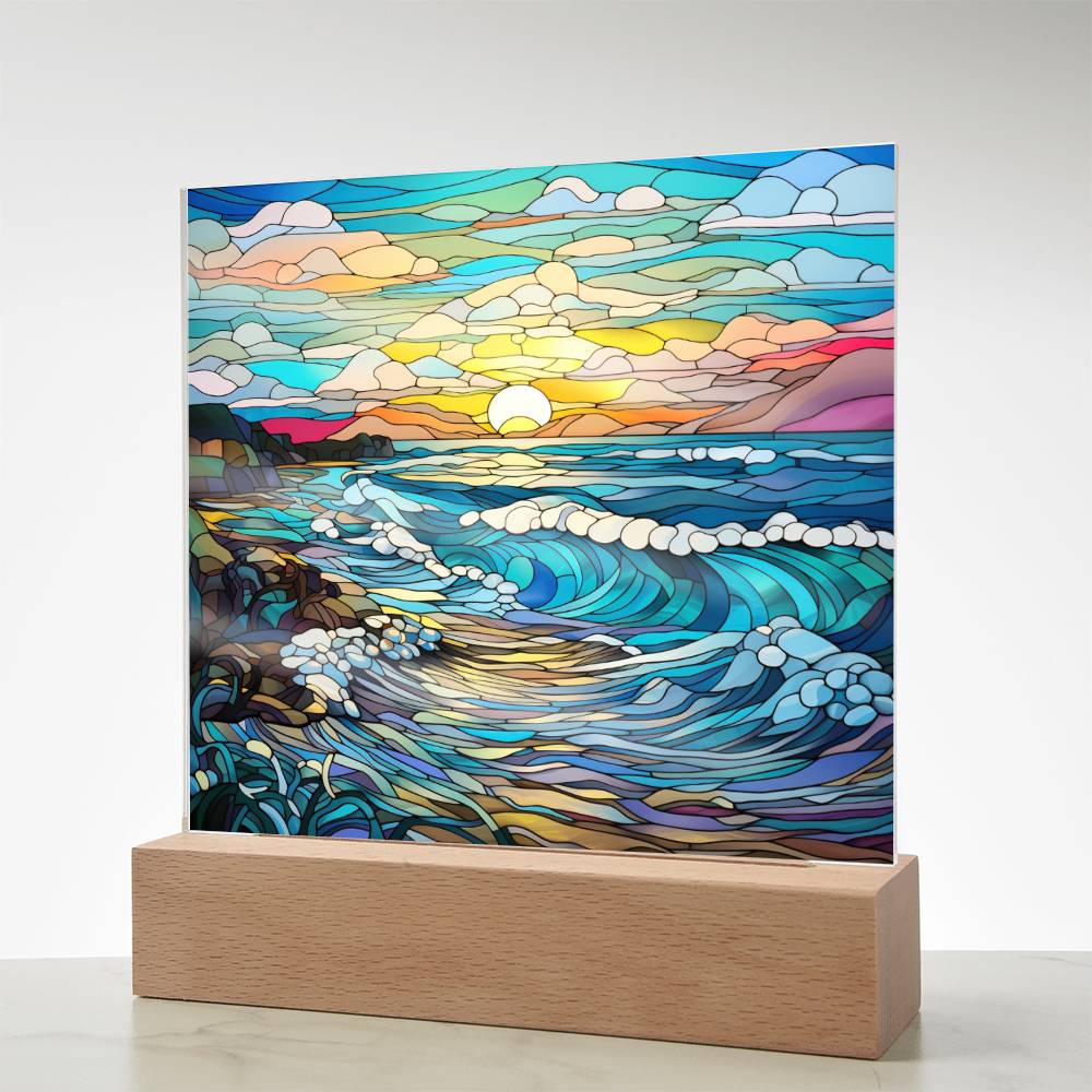 Sunset Waves on the Beach Stained Glass Sublimation Square Acrylic Plaque