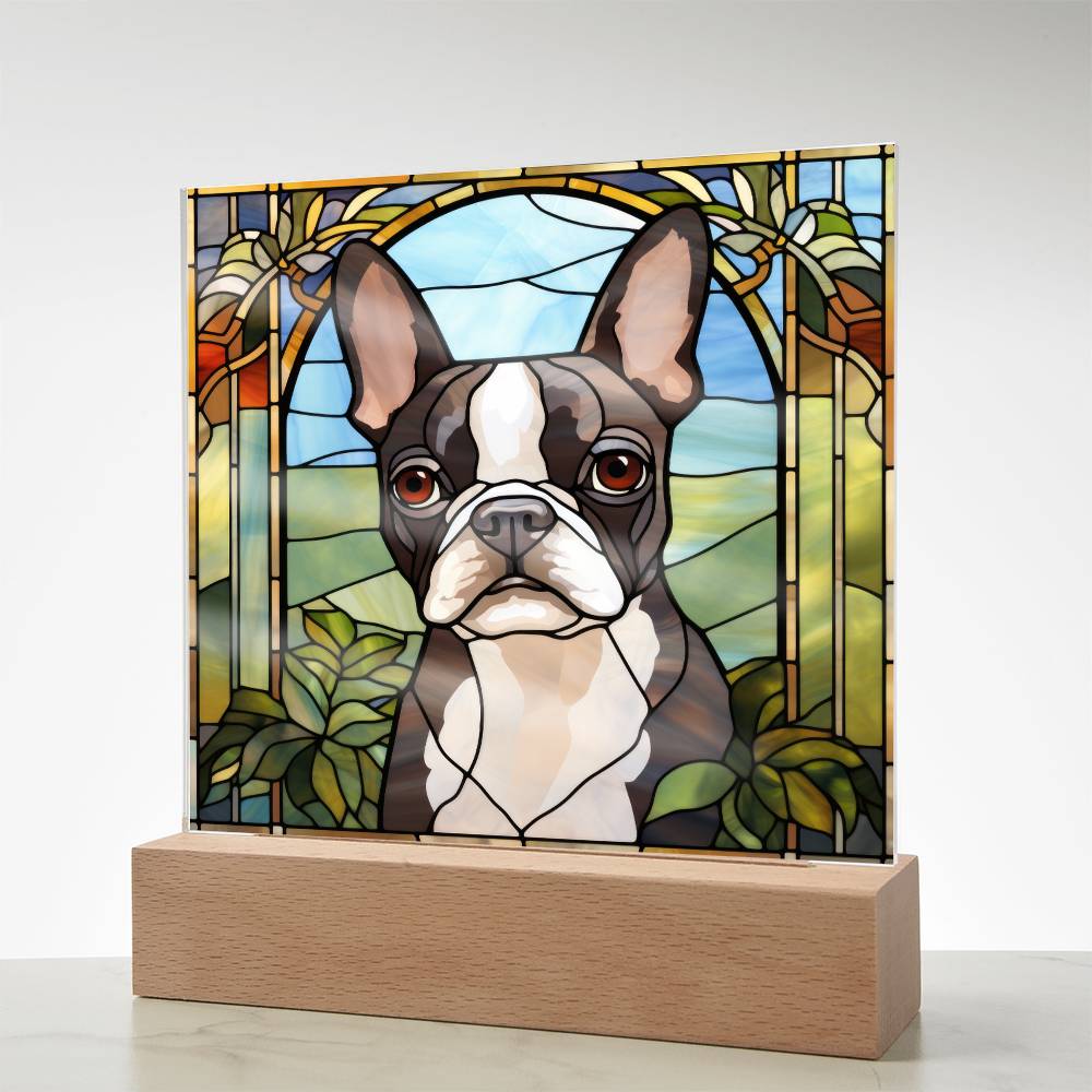 Grey Boston Terrier Dog Acrylic  Square Plaque, Pet Memorial