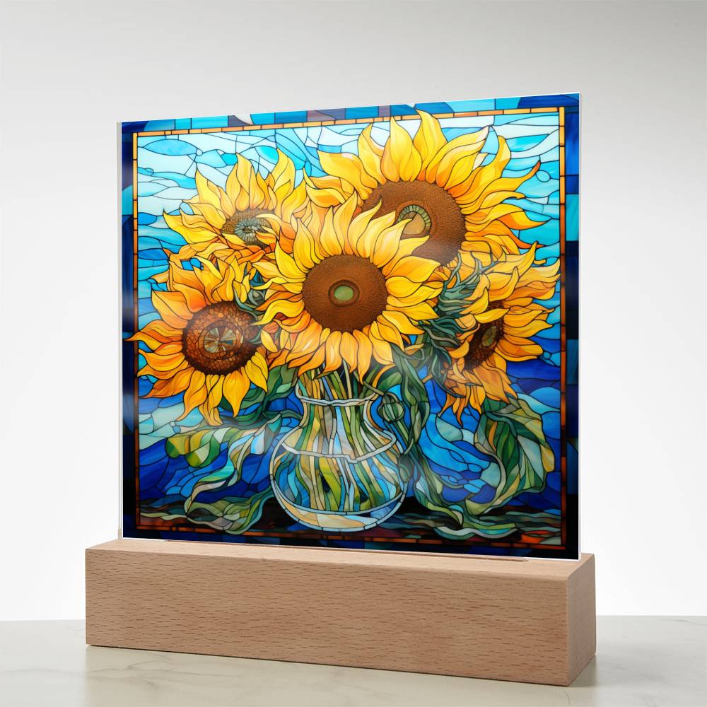 Sunflowers in Vase Faux Stained Glass Square Acrylic Plaque