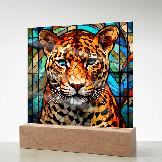 Leopard Faux Stained Glass Square Acrylic Plaque