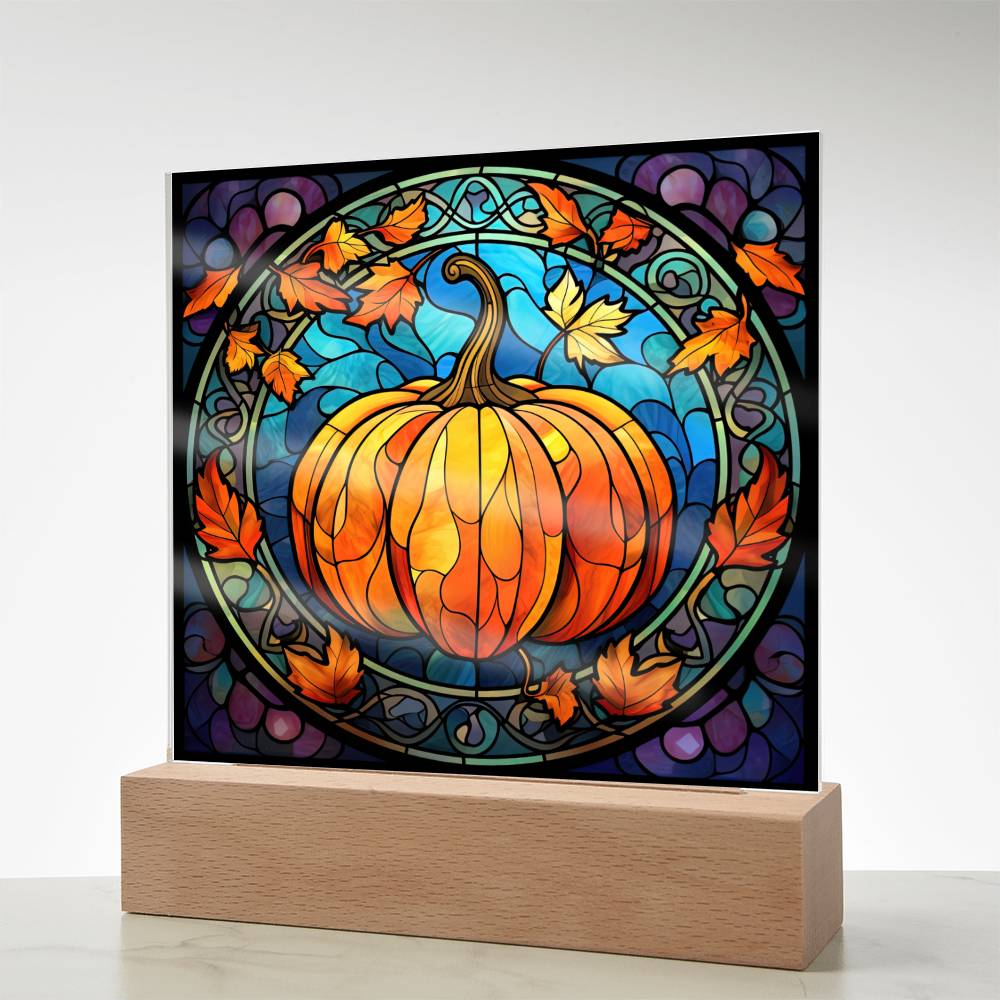 Fall Pumpkin Faux Stained Glass Square Acrylic Plaque