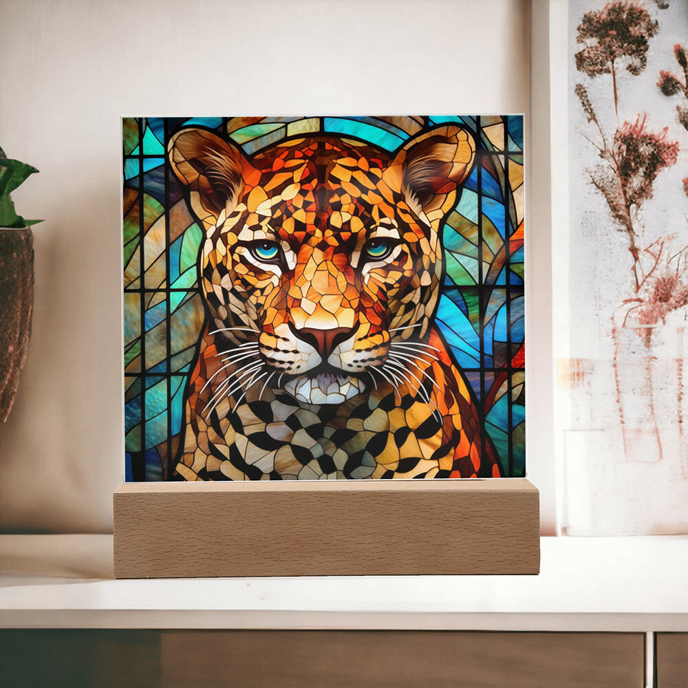 Leopard Faux Stained Glass Square Acrylic Plaque