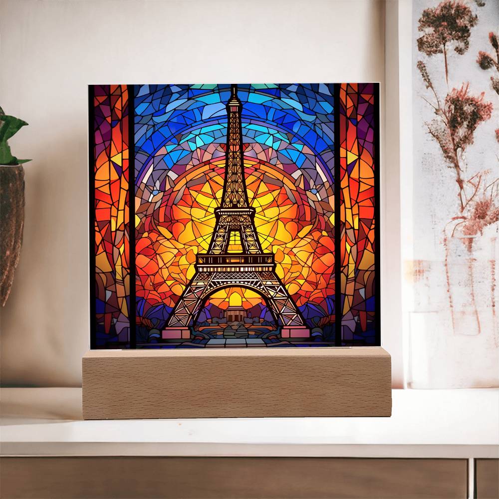 Eiffel Tower Faux Stained Glass Square Acrylic Plaque