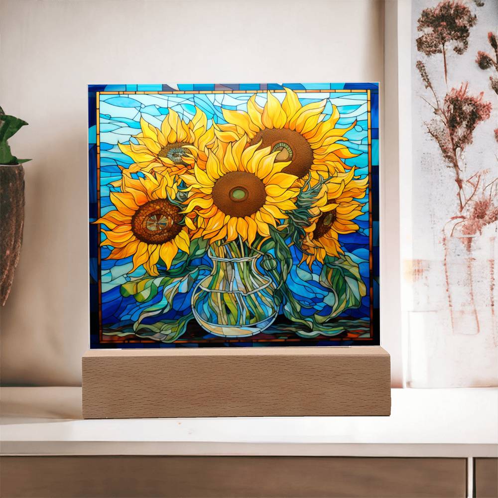 Sunflowers in Vase Faux Stained Glass Square Acrylic Plaque