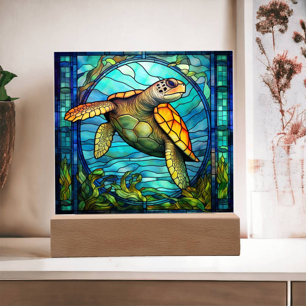 Sea Turtle Sublimation Stained Glass Square Acrylic Plaque