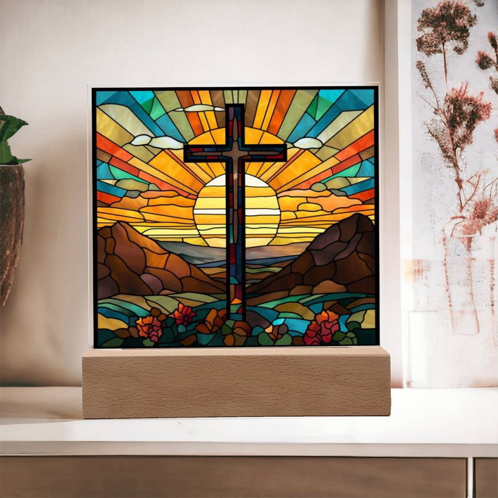 Stained Glass Cross Square Acrylic Plaque