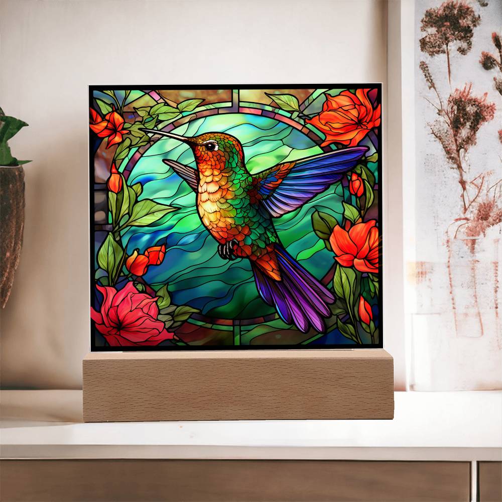 Hummingbird Faux Stained Glass Square Acrylic Plaque