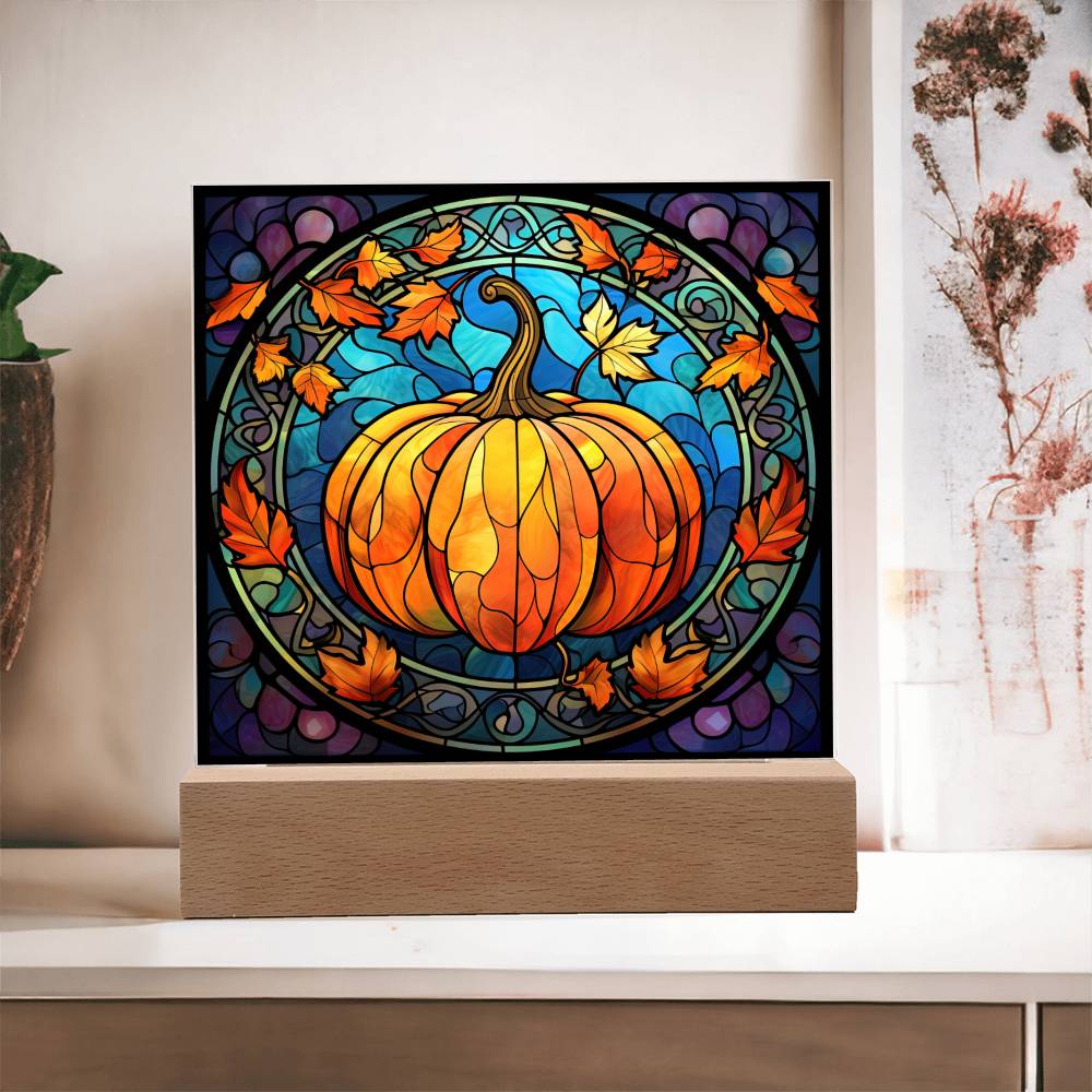 Fall Pumpkin Faux Stained Glass Square Acrylic Plaque