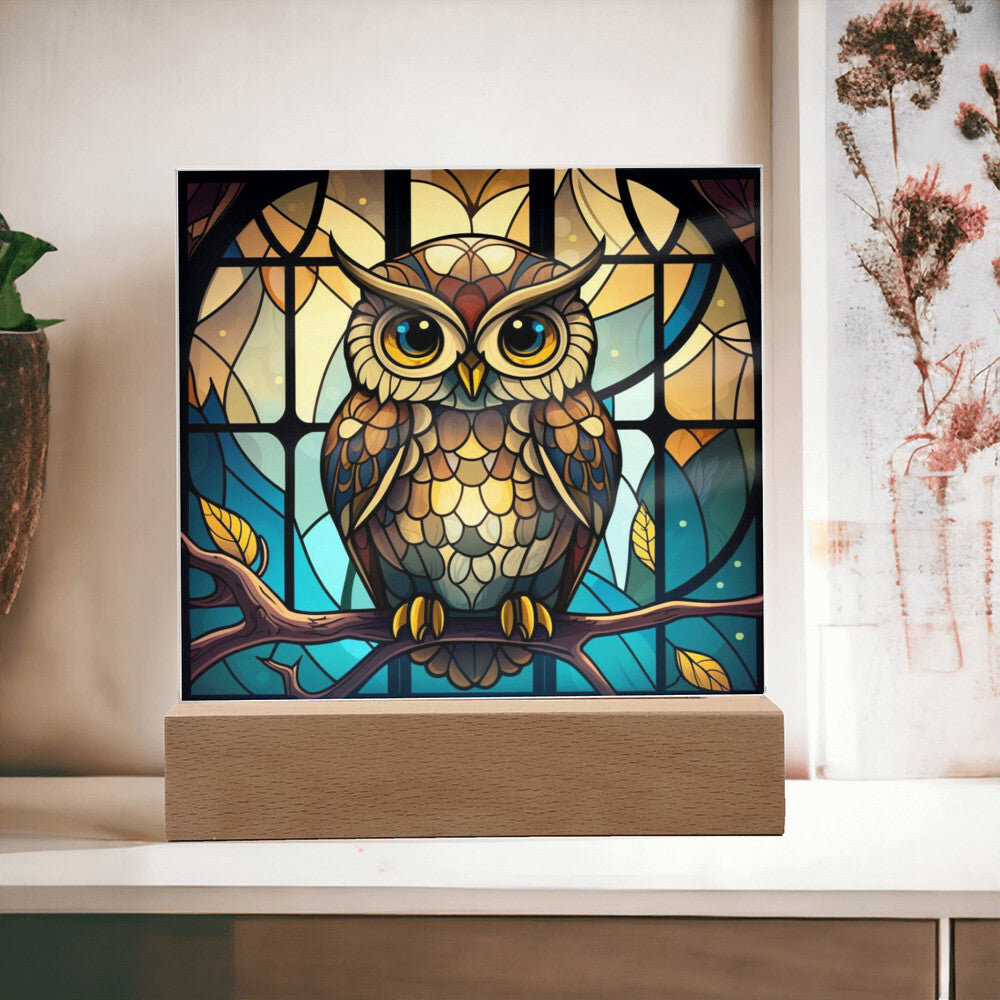 Owl Faux Stained Glass Square Acrylic Plaque